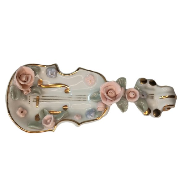 Vintage Lefton Violin Pink Roses Handpainted Figurine Trinket Dish - Picture 1 of 8